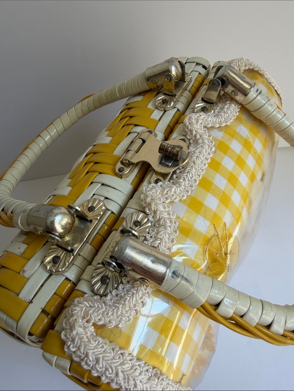 Rare 1960s Vintage Yellow Gingham Fur Accent Women's Handbag - Picture 9 of 15